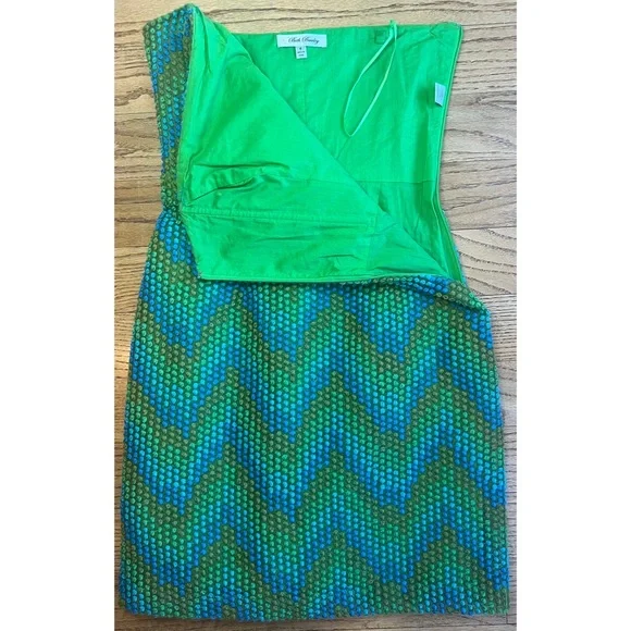 Beth Bowley Strapless Dress Blue Green Geometric Size 6 Retro 60s Style Chic - Picture 4 of 11